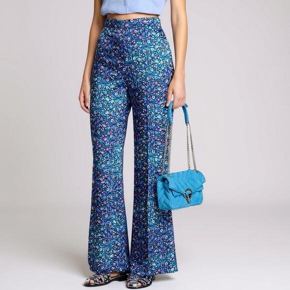 Sandro Paris Pants Womens 38 US 6 Blue Floral Flare Trousers High Rise Boho Y2K - Picture 1 of 15
